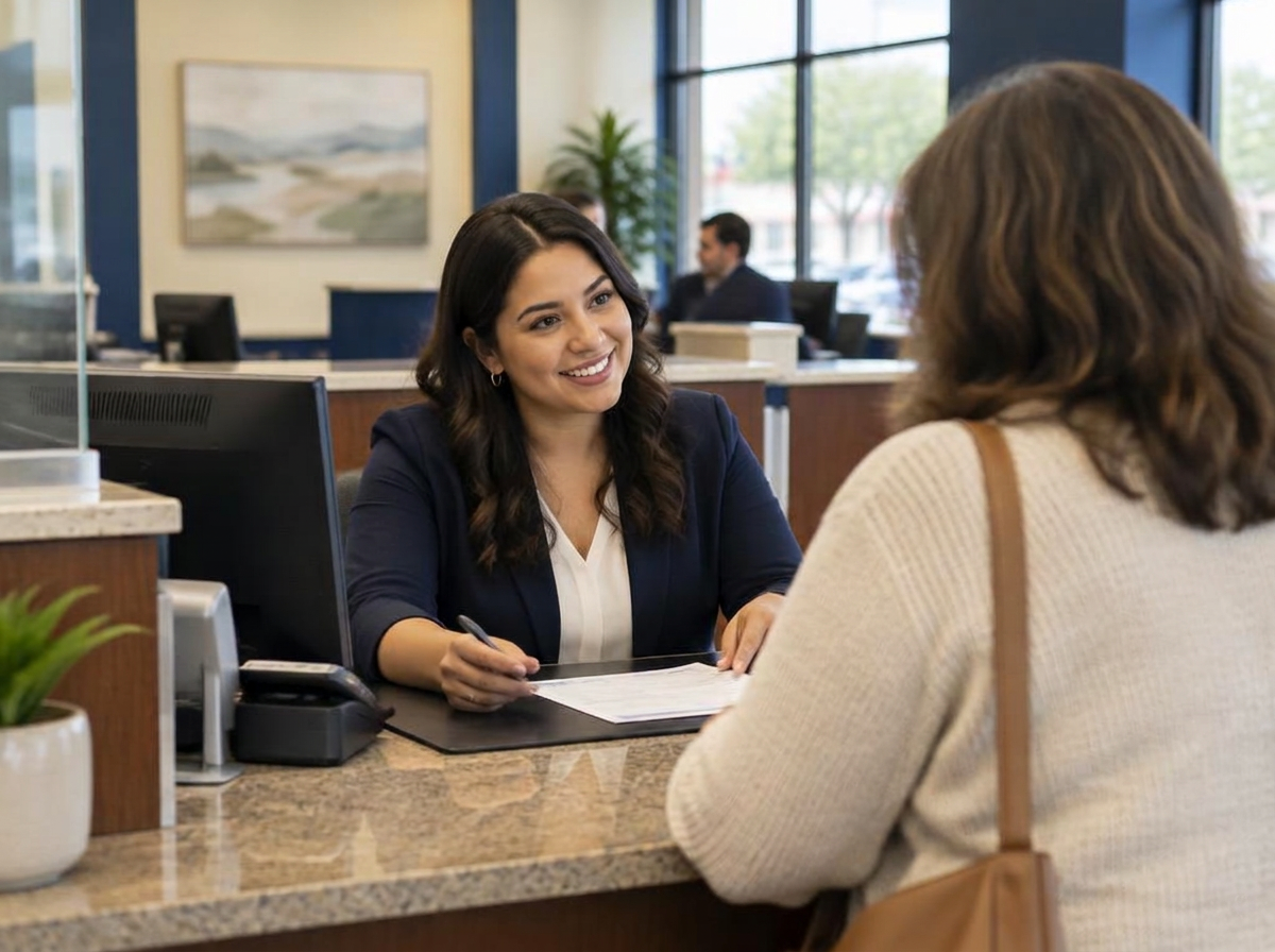A bank teller helping a customer at the counter